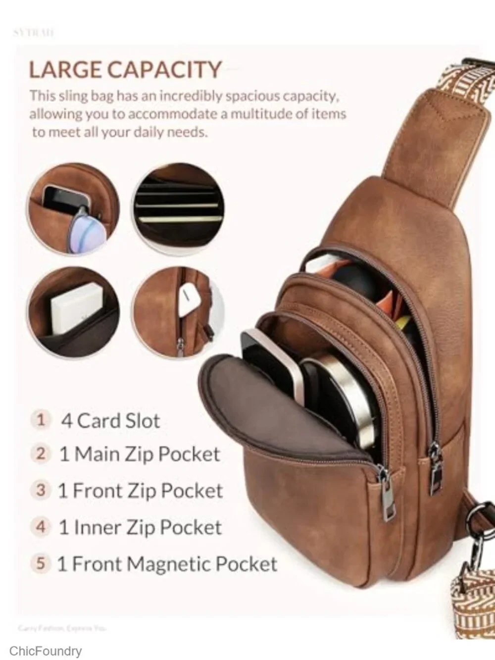 Faux Leather Sling Bag Crossbody Chest Travel Purse